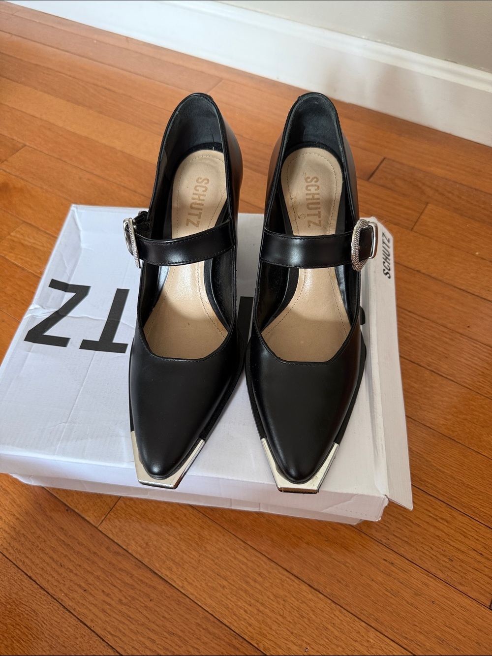 SCHUTZ Jeane Black Leather Pointed Mary Jane Pumps with Silver Buckle - Picture 2 of 6